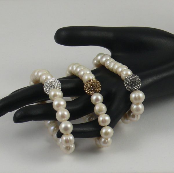 White Pearl and Swarovski Crystal Ball Elasticated Bracelets