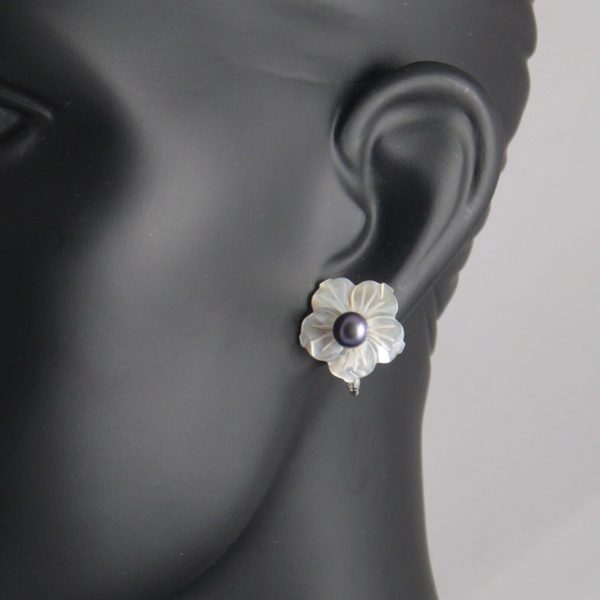 White Shell Flower with Central Black Pearl CLIP Earrings