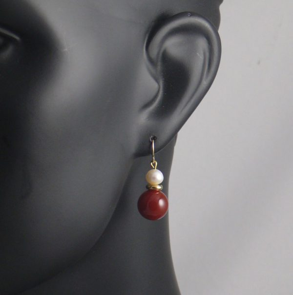 Semi-Precious Bead, Brass Ring and White Pearl Drop Earrings