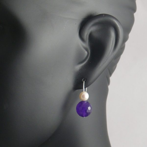 White Pearl and Amethyst Drop Earrings