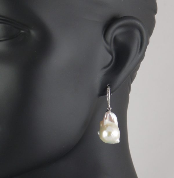 Large White Baroque Pearl and CZ Drop Earrings