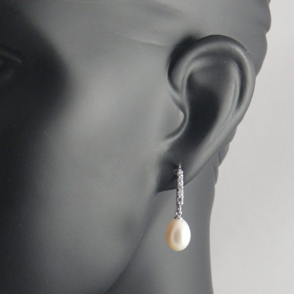 White Drop Pearl and CZ Line Earrings