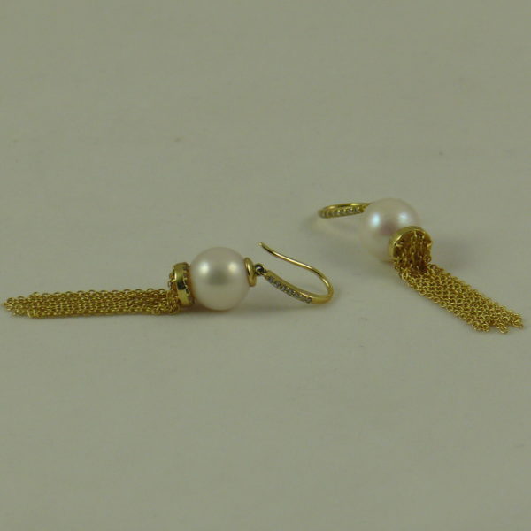 White Pearl and Gold Chain Tassel Earrings