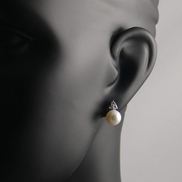 White Pearl and Triple CZ Stud Earrings