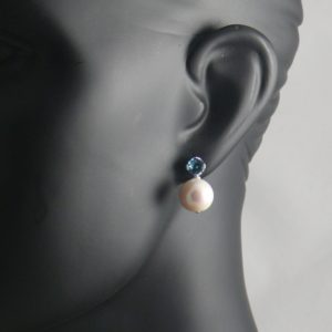 Aqua CZ and Large Round White Pearl Stud Earrings