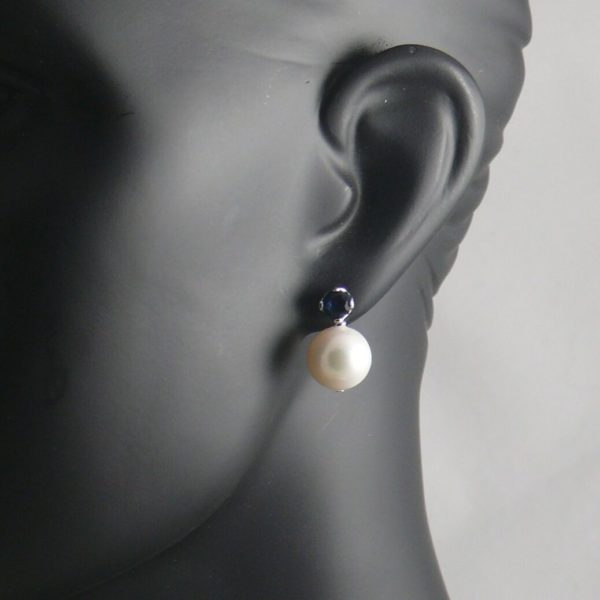 Blue CZ and Large Round White Pearl Stud Earrings