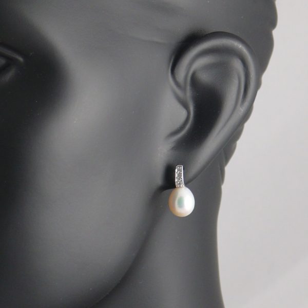White Oval Pearl and CZ Stud Earrings
