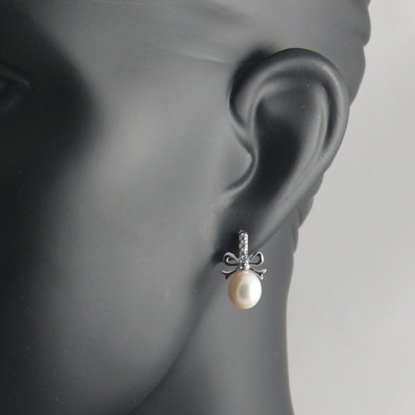 White Pearl and CZ Bow Stud Earrings