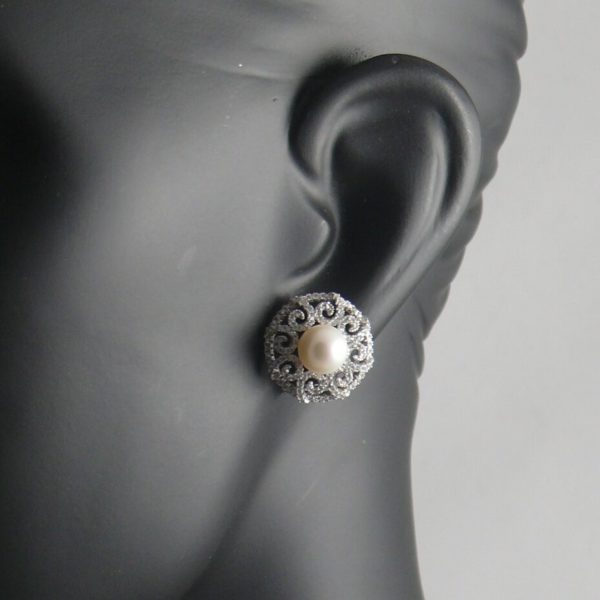 White Pearl and CZ Button Stud Earrings