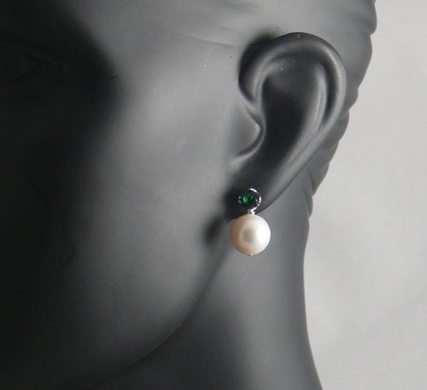 Green CZ and Large Round White Pearl Stud Earrings
