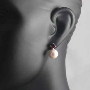 Red CZ and Large Round White Pearl Stud Earrings
