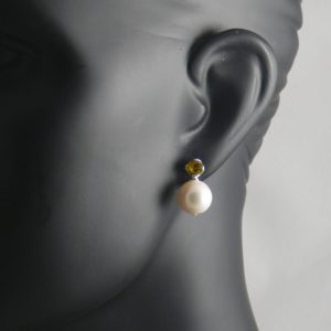 Yellow CZ and Large Round White Pearl Stud Earrings