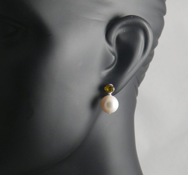 Yellow CZ and Large Round White Pearl Stud Earrings