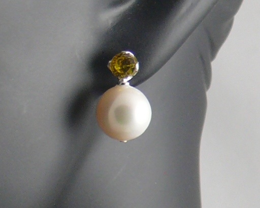 Yellow CZ and Large Round White Pearl Stud Earrings