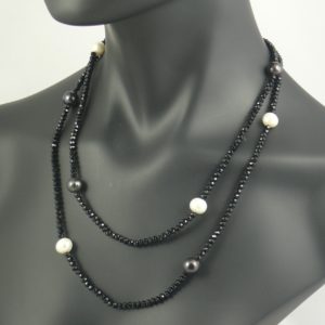 Black Crystal Necklace with Black and White Pearls