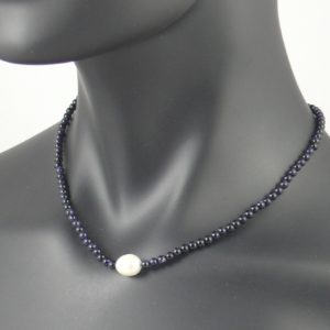 Blue Sandstone Necklace with Central Oval Pearl