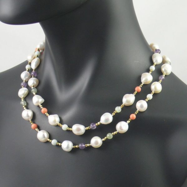 Pearl, Brass and Semi-Precious Stone Necklace