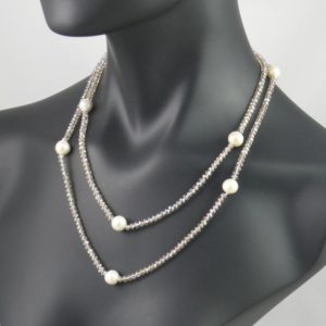 Champagne Crystal Necklace with White Pearls