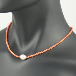 Coral Necklace with Central Oval Pearl