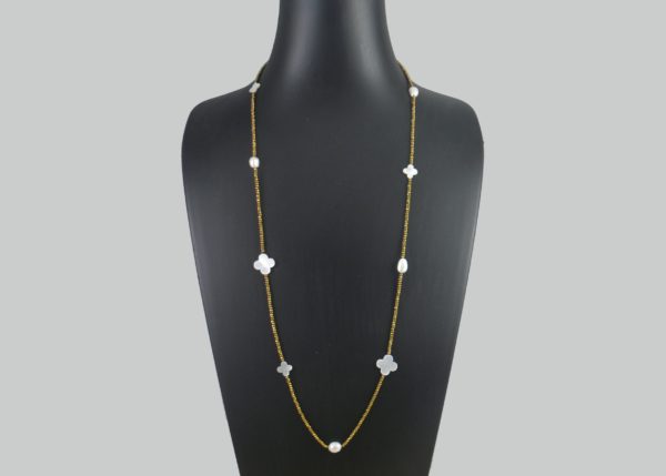 Gold Plated Hematite, Pearl and Shell Flower Necklace