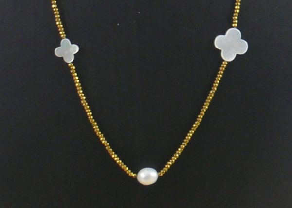 Gold Plated Hematite, Pearl and Shell Flower Necklace