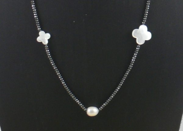 Hematite, Pearl and Shell Flower Necklace