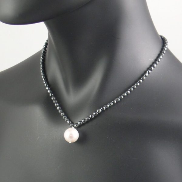 Hematite and White Drop Pearl Necklace