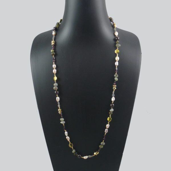 Pink Pearl, Labradorite, Garnet and Brass Bead Necklace