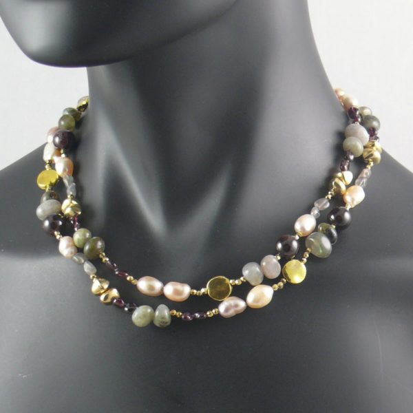 Pink Pearl, Labradorite, Garnet and Brass Bead Necklace