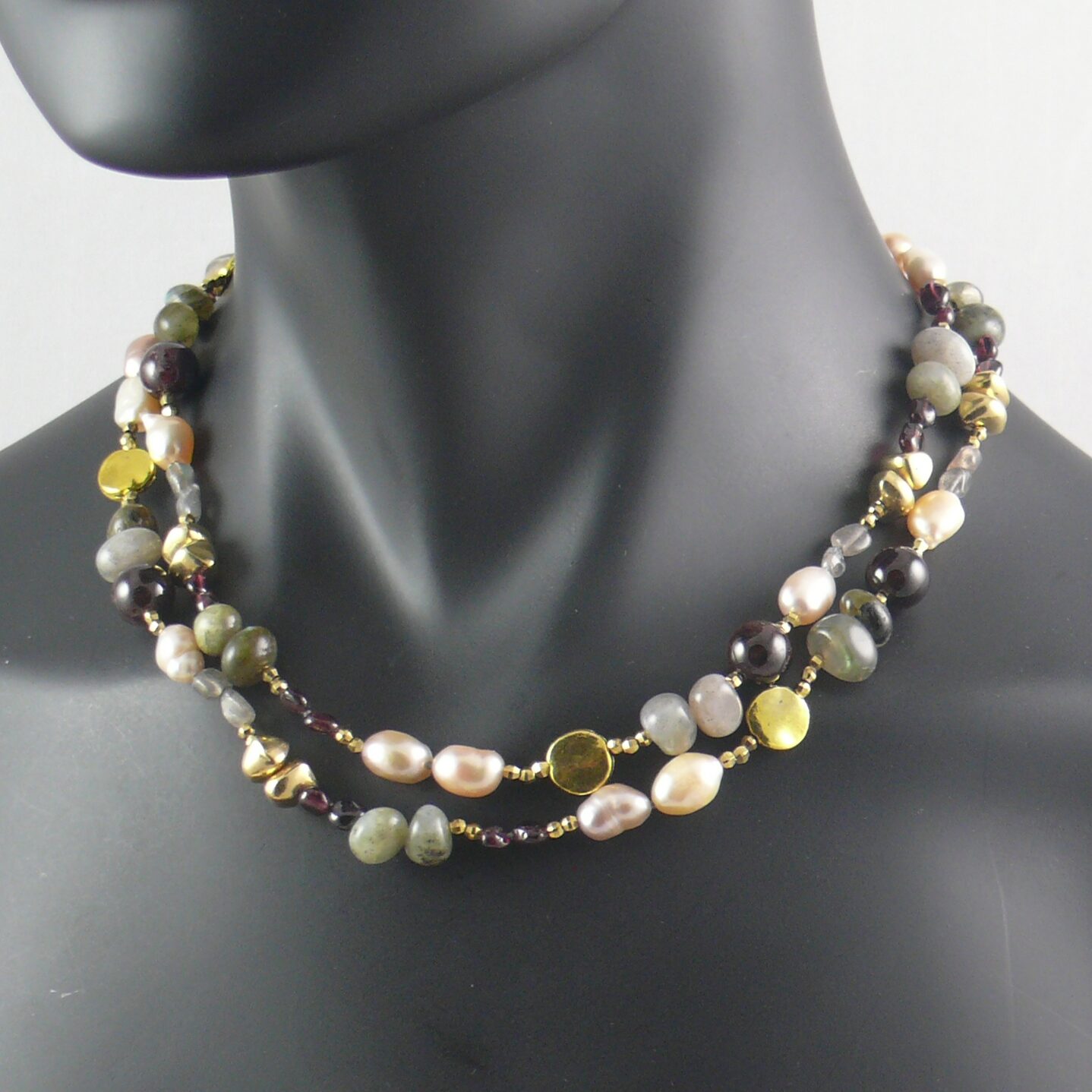 Pink Pearl, Labradorite, Garnet and Brass Bead Necklace | The Real Pearl Co