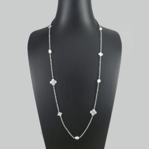 Silver Plated Hematite, Pearl and Shell Flower Necklace