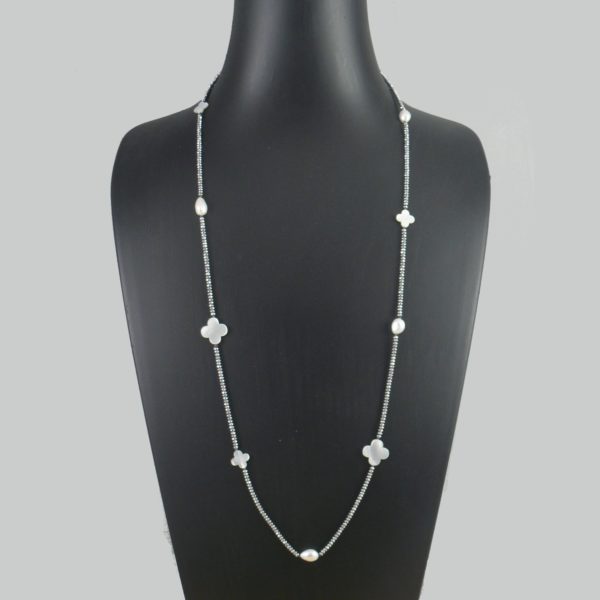 Silver Plated Hematite, Pearl and Shell Flower Necklace