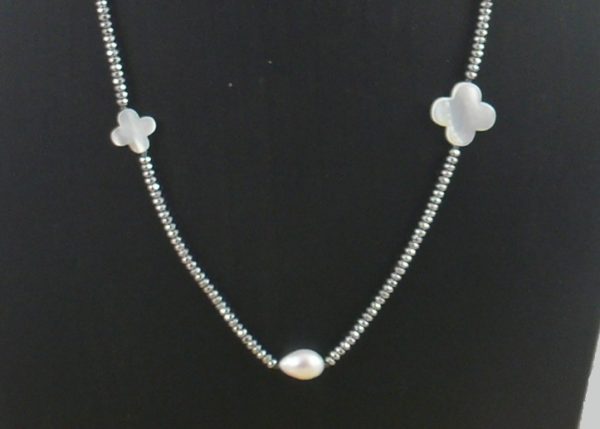 Silver Plated Hematite, Pearl and Shell Flower Necklace