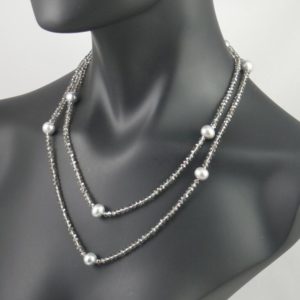 Smokey Quartz Crystal Necklace with Silver Pearls