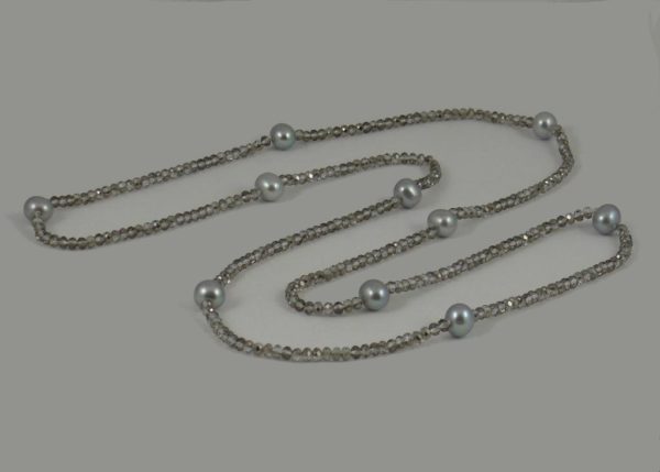 Smokey Quartz Crystal Necklace with Silver Pearls