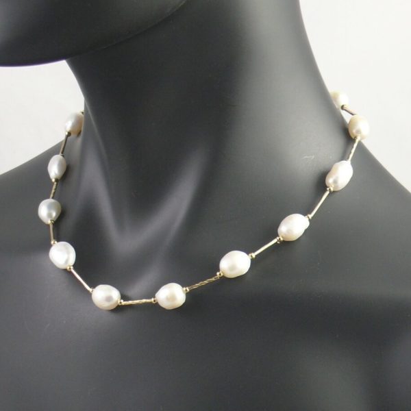 White Pearl and Gold Tube Necklace