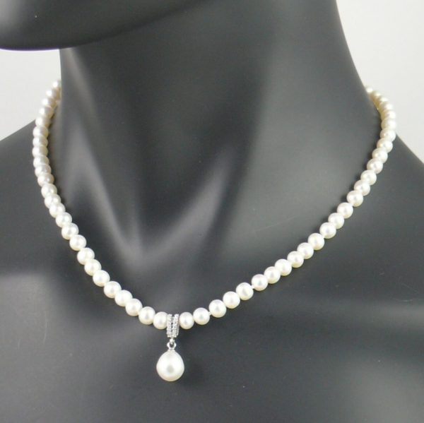 White Pearl Necklace with CZ and Drop Pearl