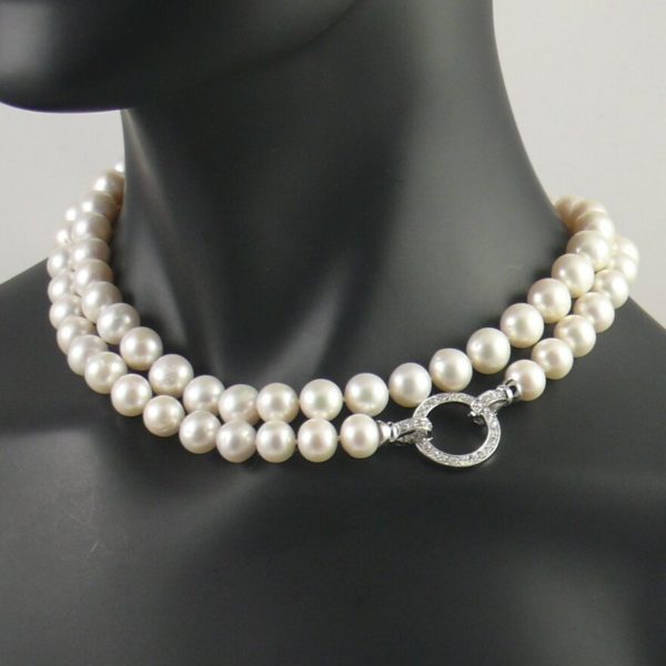 White Pearl Necklace on Circular CZ Clasp