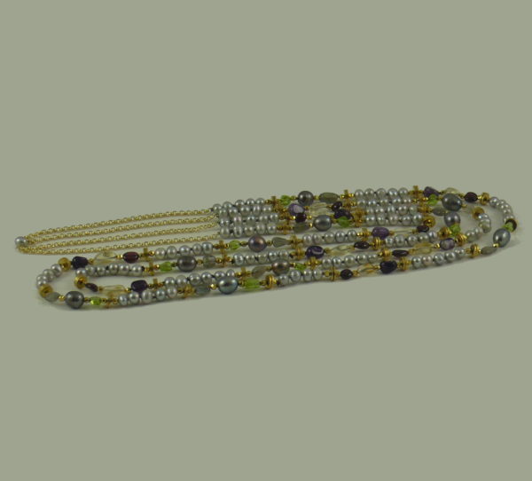 2-strand Pearl, Amethyst, Citrine, Garnet, Labradorite and Brass Necklace