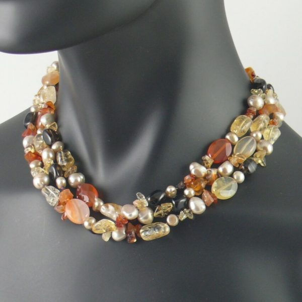 3-strand Pearl and Semi-Precious Stone Necklace