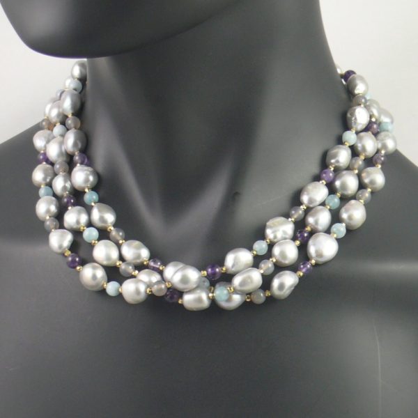 3-strand Silver Baroque Pearl and Semi-Precious Stone Necklace