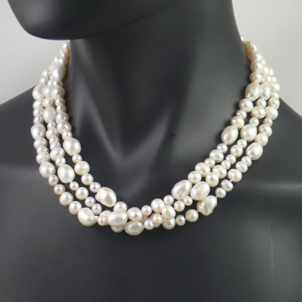 3-Strand White Baroque Pearl Necklace