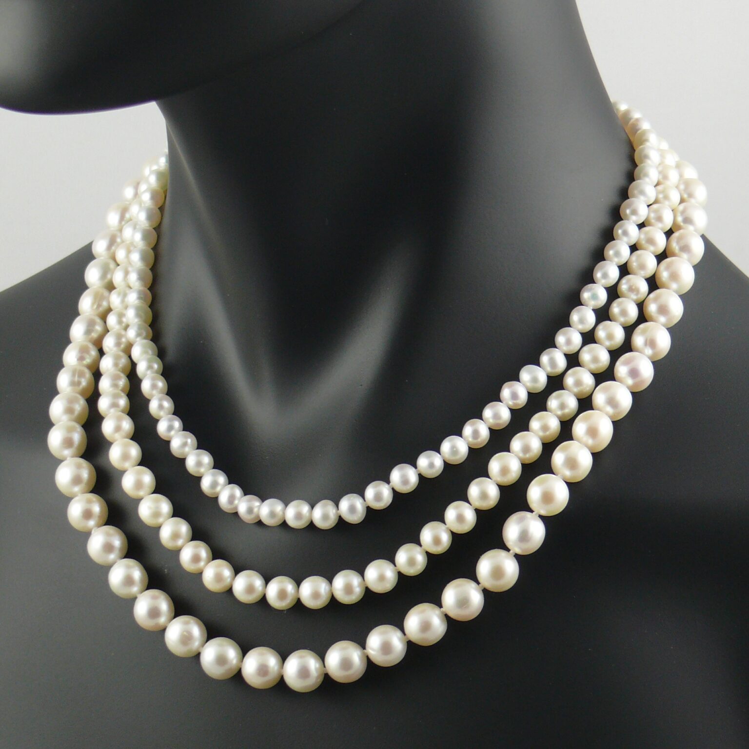 3strand White Pearl Necklace of Varying Sizes The Real Pearl Co