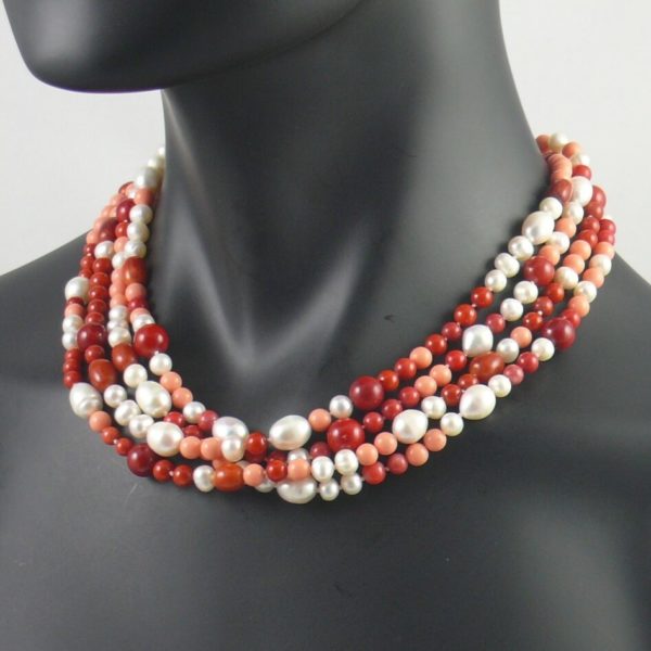 4-Strand White Pearl and Coral Necklace