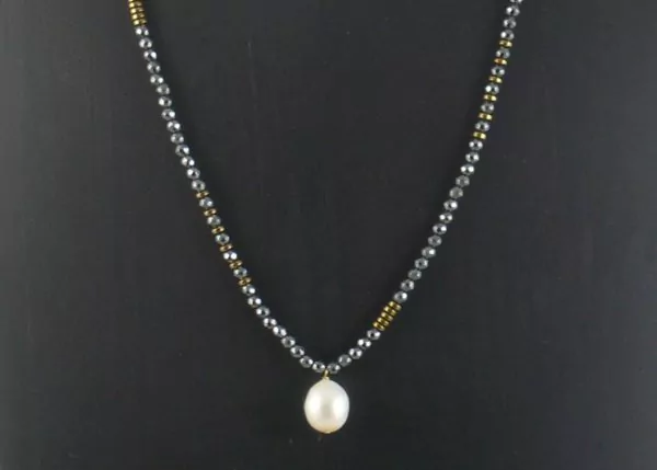 Natural Hematite Necklace with Large Pearl Drop