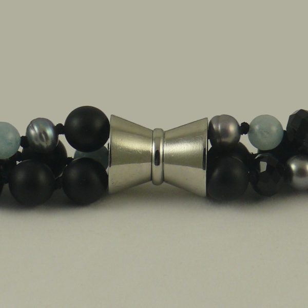 3-strand Black Pearl, Blue Jade and Black Onyx Necklace