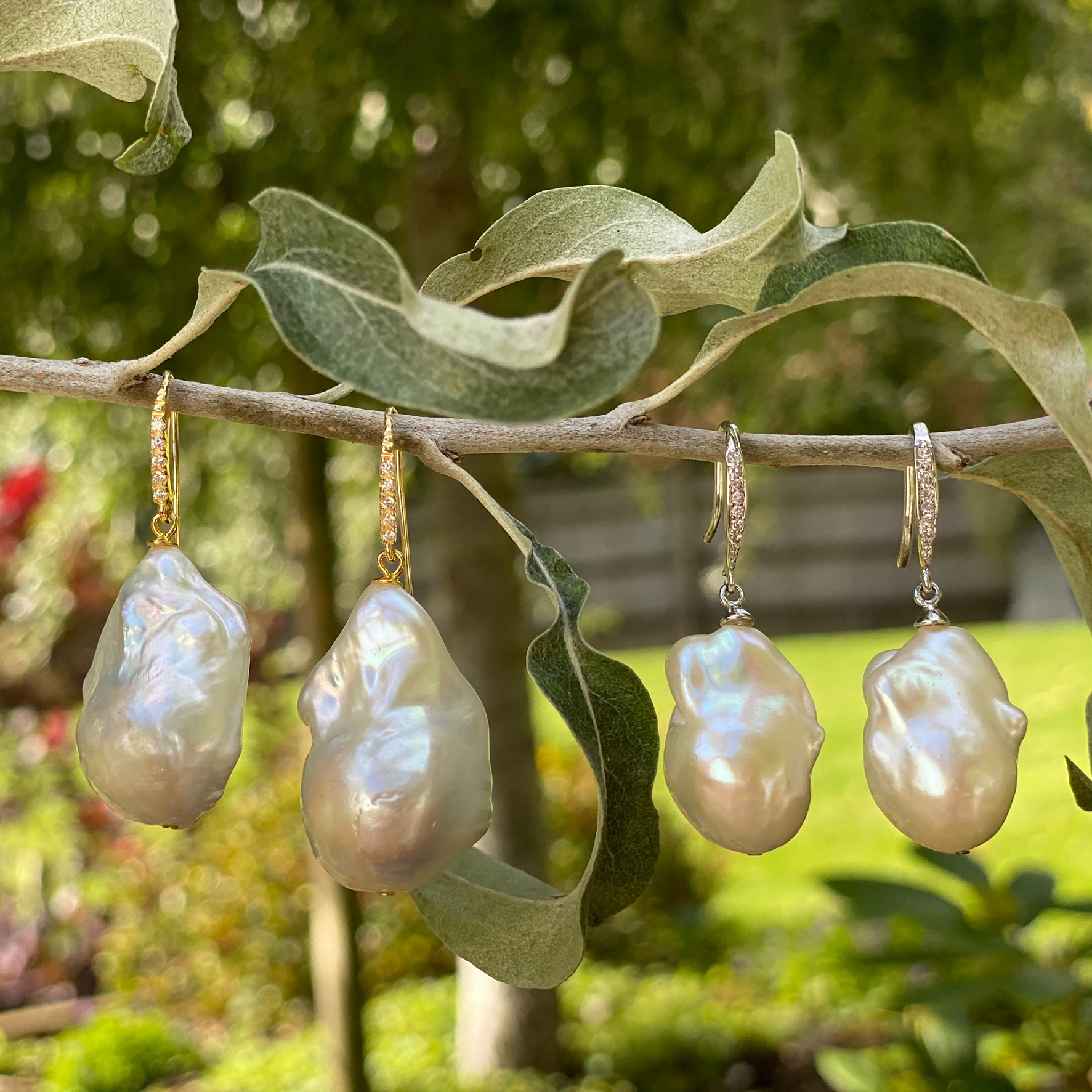 Extra Large White Baroque Pearl and CZ Drop Earrings