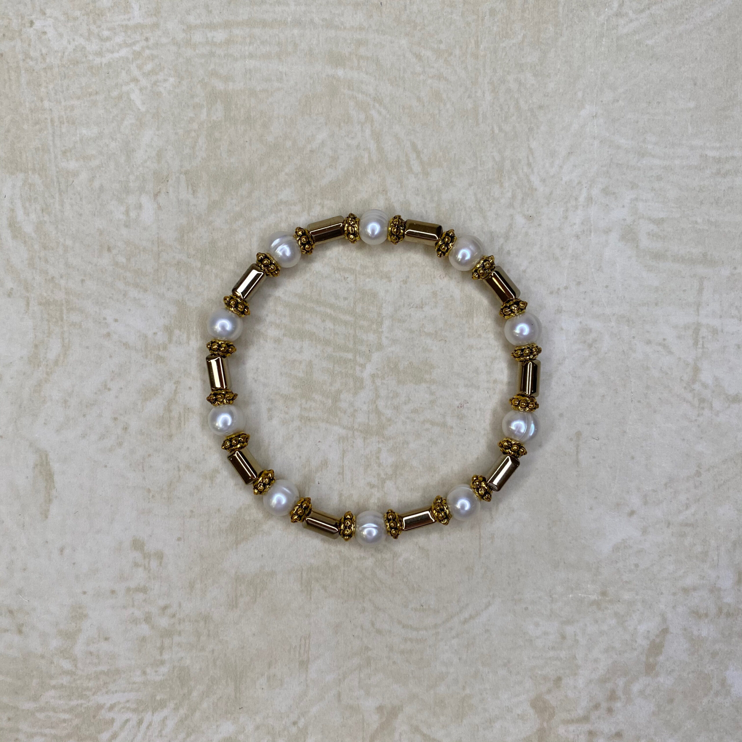 Gold Hematite, Brass and White Pearl Elasticated Bracelet | The Real ...