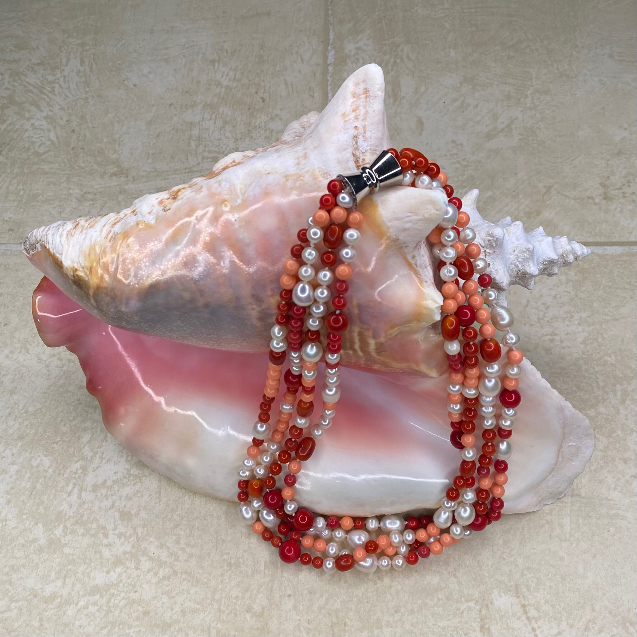 4Strand White Pearl and Coral Necklace The Real Pearl Co