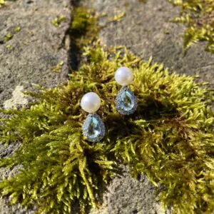 White Pearl and Aqua Crystal Stud Earrings